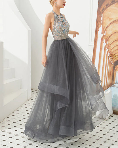 Ball Gown Halter High Low Prom Dresses Beading Asymmetrical Tulle Evening Dresses