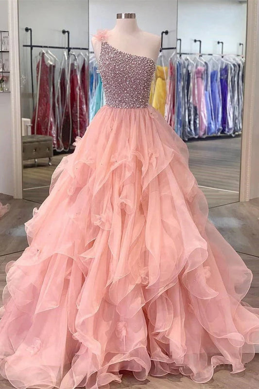 Ball Gown Long Prom Dresses One Shoulder Zipper up Beads Quinceanera Dress