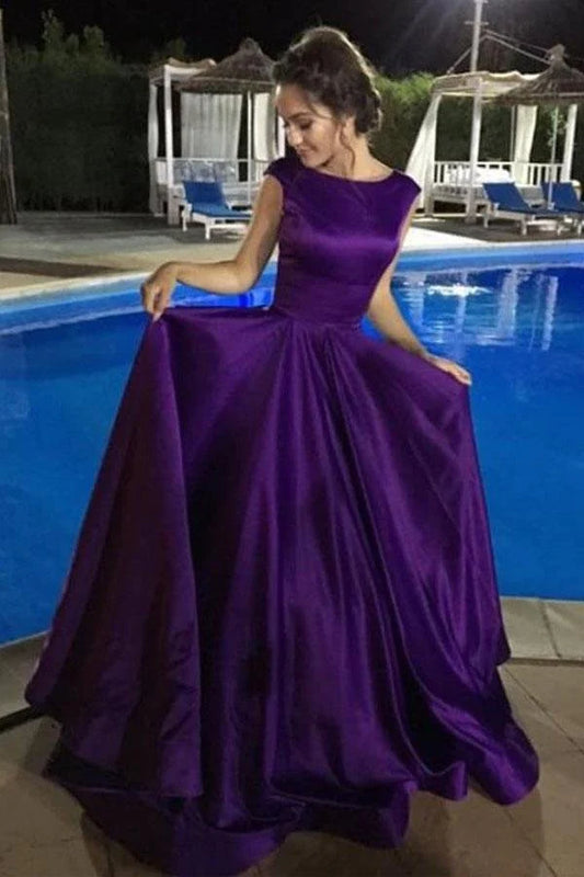 Ball Gown Satin Sleeveless Bateau Purple Backless Prom Dresses