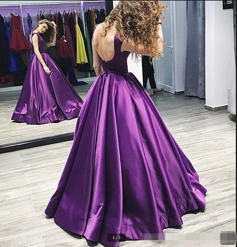 Ball Gown Satin Sleeveless Bateau Purple Backless Prom Dresses