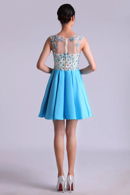 Bateau A Line Homecoming Dresses Satin With Beads Mini