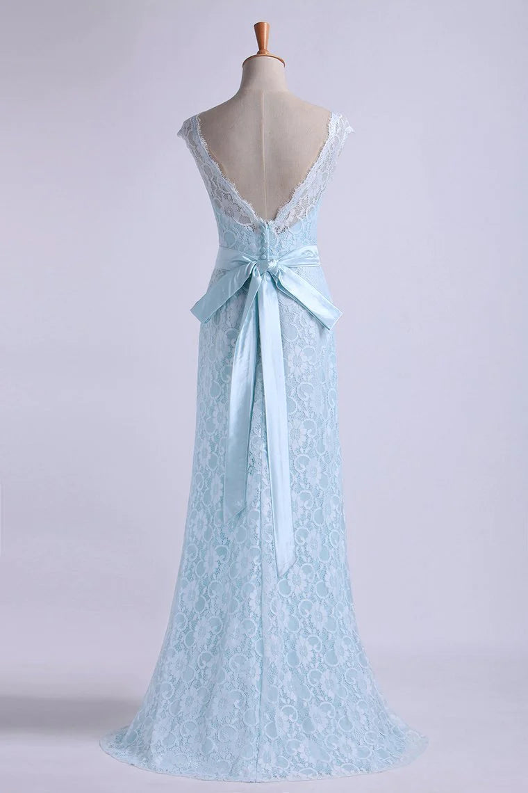 Bateau Party Dresses Lace Sheath Floor Length With Sash