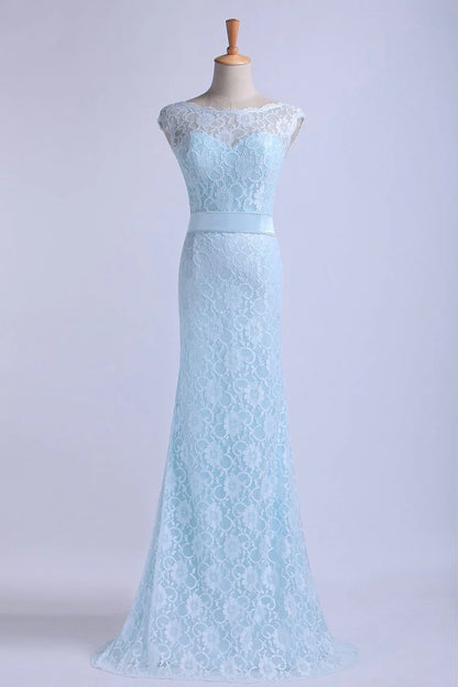 Bateau Party Dresses Lace Sheath Floor Length With Sash