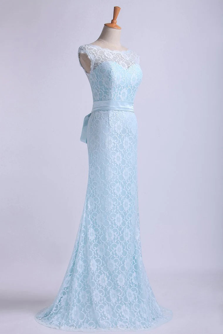 Bateau Party Dresses Lace Sheath Floor Length With Sash