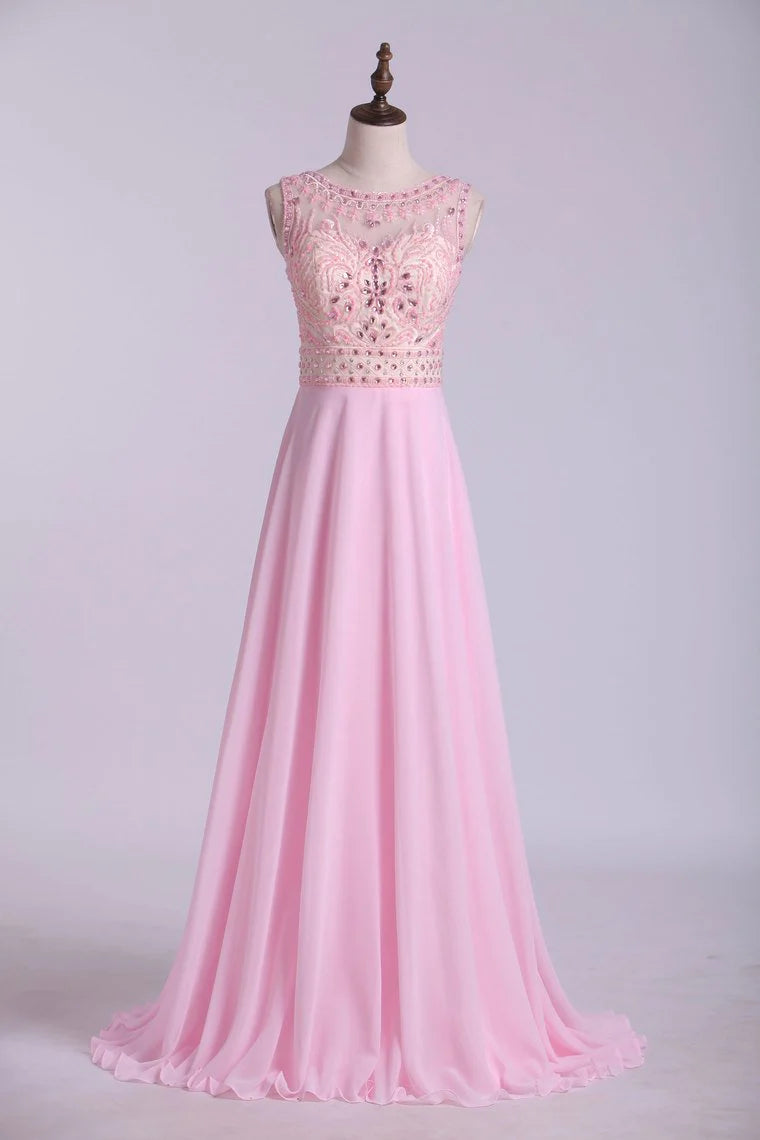 Beaded Bodice Bateau Party Dresses Chiffon Floor Length