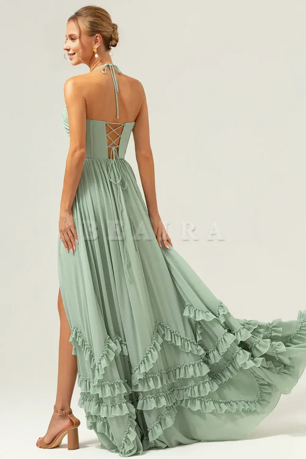 Beaira Dusty Sage A Line Halter Ruched Chiffon Long Bridesmaid Dress with Slit Bridesmaid dress shop ﻿