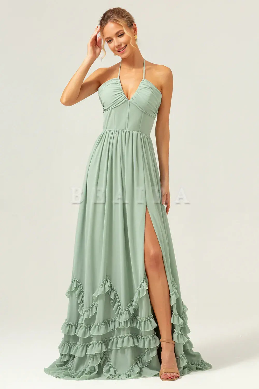 Beaira Dusty Sage A Line Halter Ruched Chiffon Long Bridesmaid Dress with Slit Bridesmaid dress shop ﻿