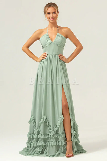 Beaira Dusty Sage A Line Halter Ruched Chiffon Long Bridesmaid Dress with Slit Bridesmaid dress shop ﻿