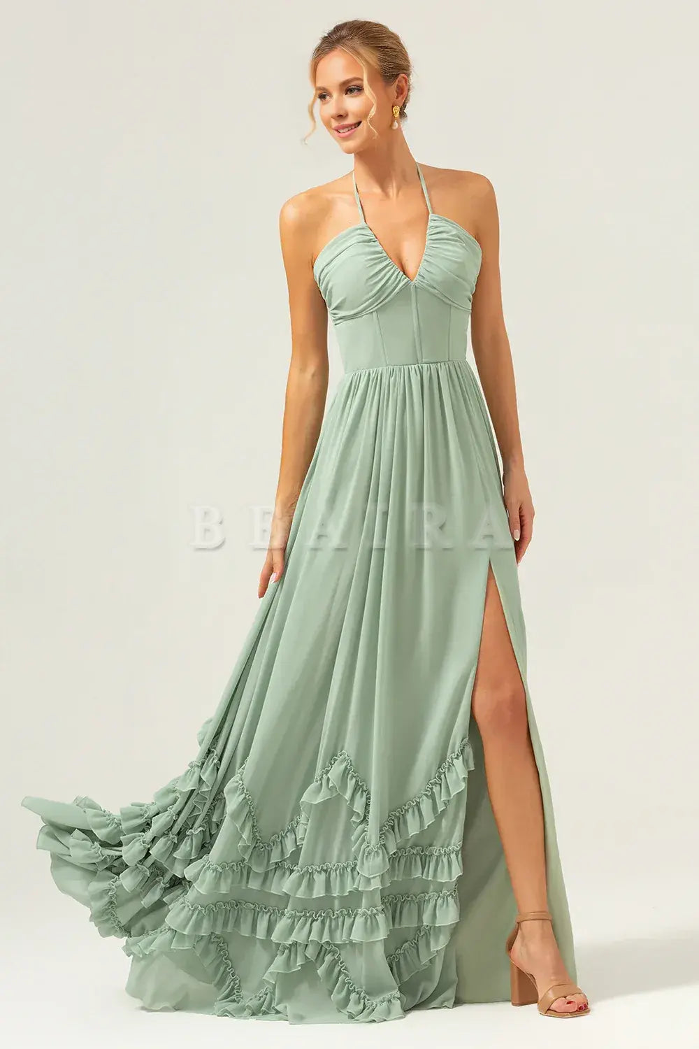 Beaira Dusty Sage A Line Halter Ruched Chiffon Long Bridesmaid Dress with Slit Bridesmaid dress shop ﻿