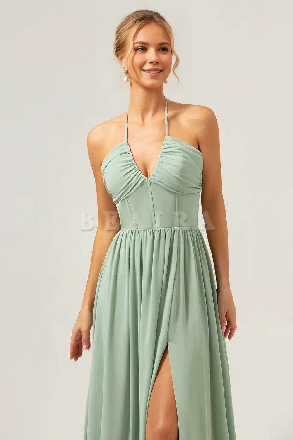 Beaira Dusty Sage A Line Halter Ruched Chiffon Long Bridesmaid Dress with Slit Bridesmaid dress shop ﻿