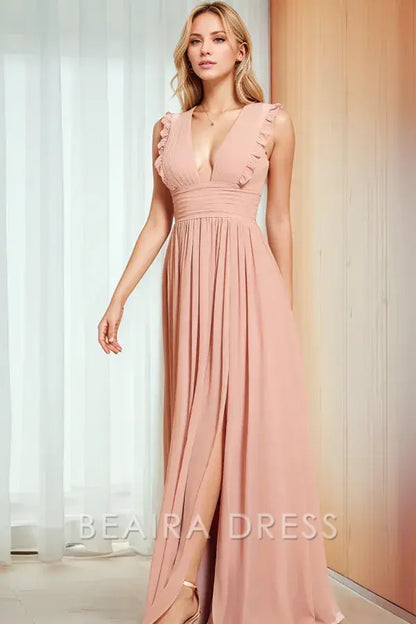 Beaira Elegant A-Line V Neck Straps Sleeveless Pleated Ruffles Prom Party Dress High Side Slit and Train Open Back evening gown