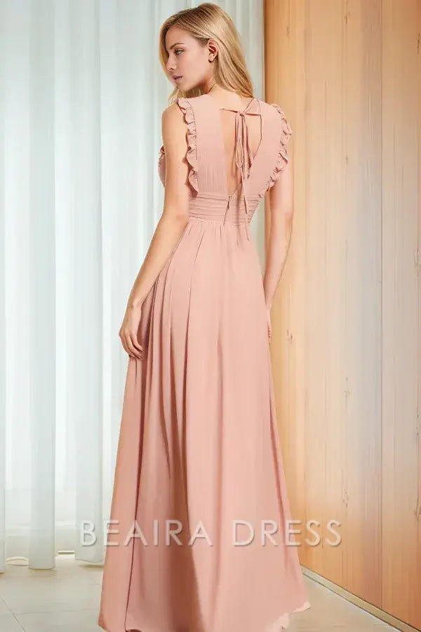 Beaira Elegant A-Line V Neck Straps Sleeveless Pleated Ruffles Prom Party Dress High Side Slit and Train Open Back evening gown