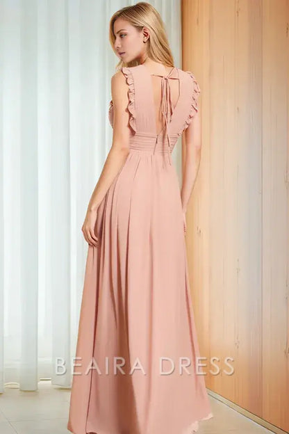 Beaira Elegant A-Line V Neck Straps Sleeveless Pleated Ruffles Prom Party Dress High Side Slit and Train Open Back evening gown