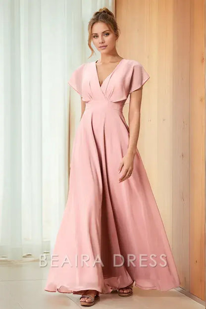 Beaira Sweet A-Line V Neck Short Sleeves Pleated Prom Party Dress Back Zipper Floor Length Chiffon Formal evening gown