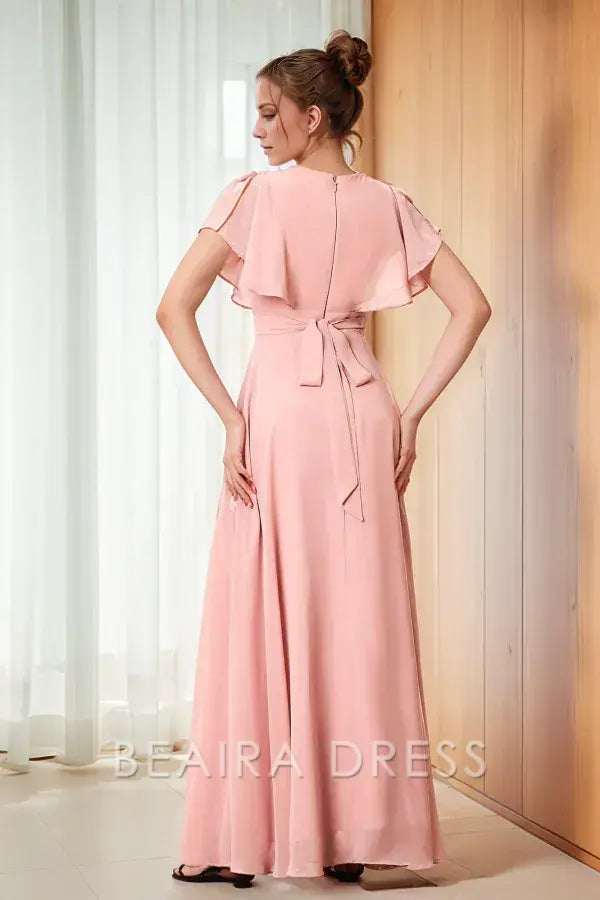 Beaira Sweet A-Line V Neck Short Sleeves Pleated Prom Party Dress Back Zipper Floor Length Chiffon Formal evening gown