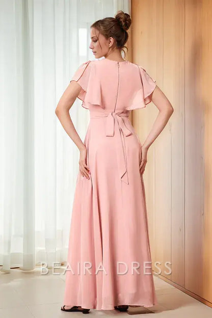 Beaira Sweet A-Line V Neck Short Sleeves Pleated Prom Party Dress Back Zipper Floor Length Chiffon Formal evening gown