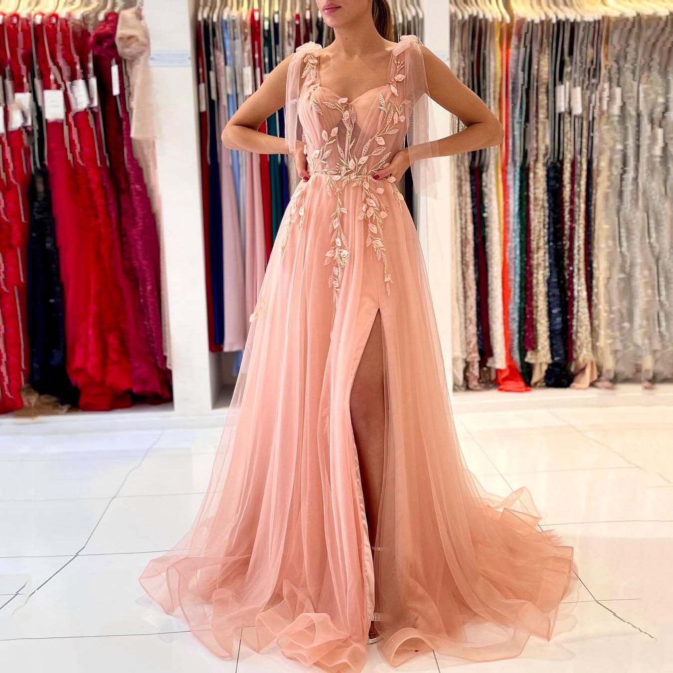 A-Line Elegant Appliques Long Prom Dresses With Split