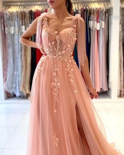 A-Line Elegant Appliques Long Prom Dresses With Split