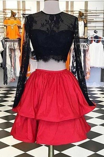 Beautiful red satins black lace long sleeves Two Piece short Homecoming dress casual dresses