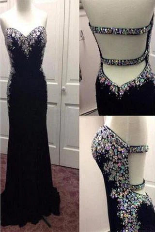 Black Beading Open Back Long Sheath Party Dress Evening Dresses