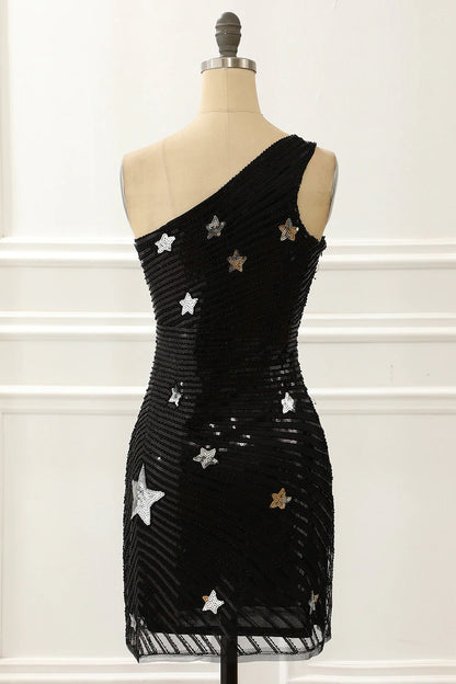 Black Bodycon One Shoulder Sequin Star Above Keen Homecmong Dress