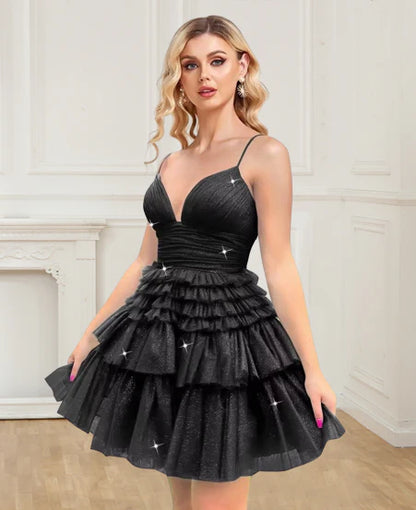 Black Spaghetti Straps V Neckline Short Homecoming Dresses Perfect Sweet 16 Dress