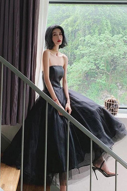 Black Strapless Tulle Homecoming Dress Puffy Ankle Length Formal Dresses