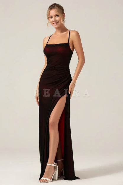 Beaira Black Red Sheath Spaghetti Straps Backless Maxi Bridesmaid Dress Bridesmaid dress shop