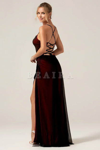 Beaira Black Red Sheath Spaghetti Straps Backless Maxi Bridesmaid Dress Bridesmaid dress shop