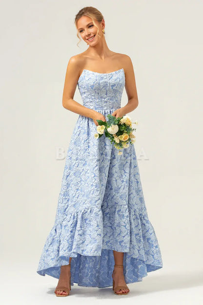 Beaira Blue A-Line Strapless Brocade Floral High Low Bridesmaid Dress Bridesmaid dress shop