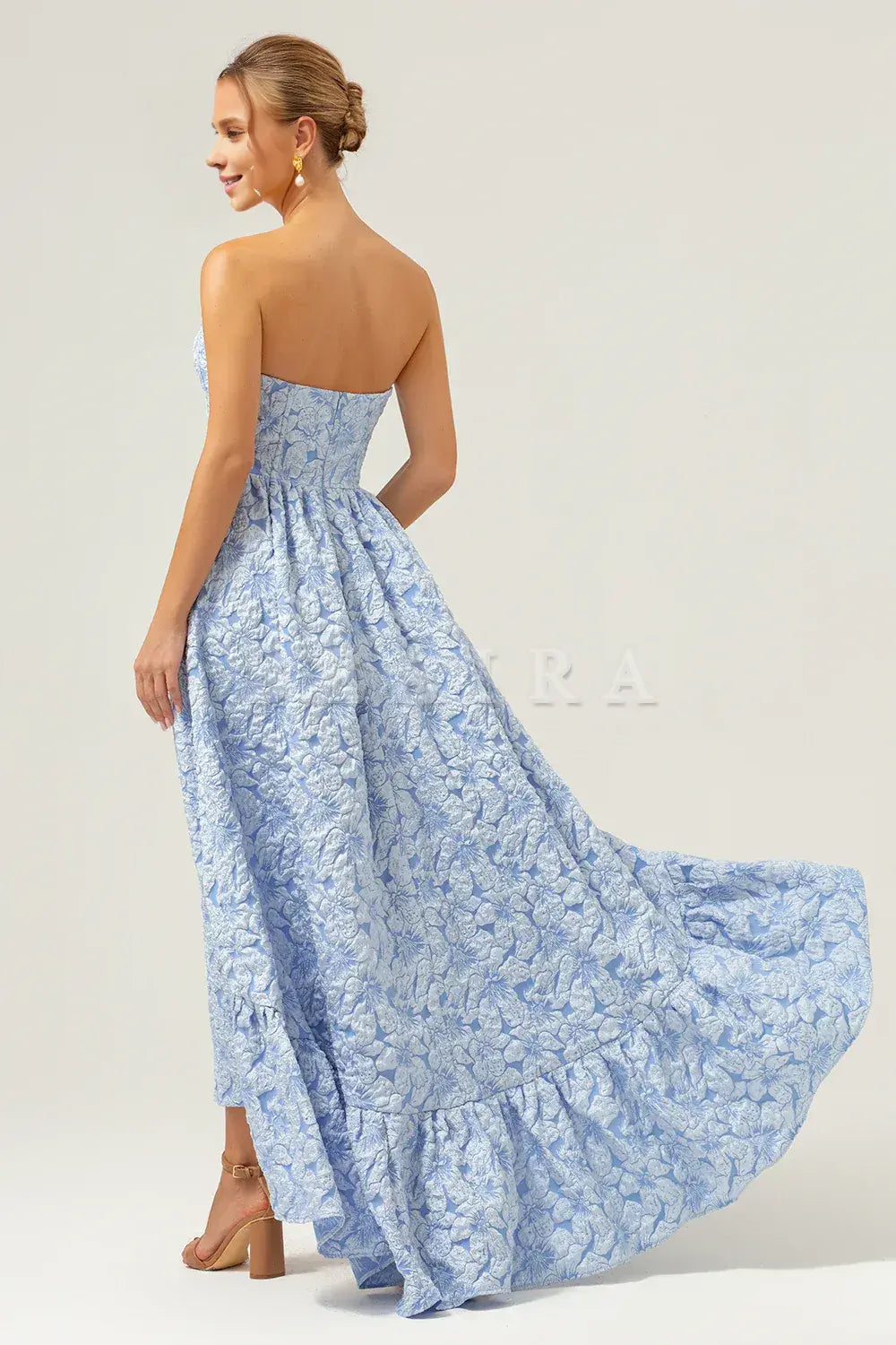 Beaira Blue A-Line Strapless Brocade Floral High Low Bridesmaid Dress Bridesmaid dress shop