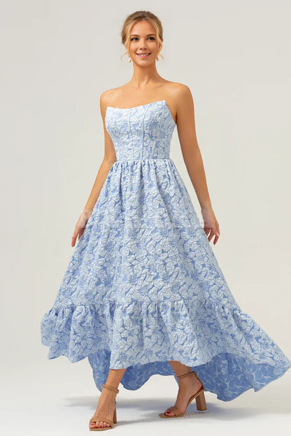 Beaira Blue A-Line Strapless Brocade Floral High Low Bridesmaid Dress Bridesmaid dress shop