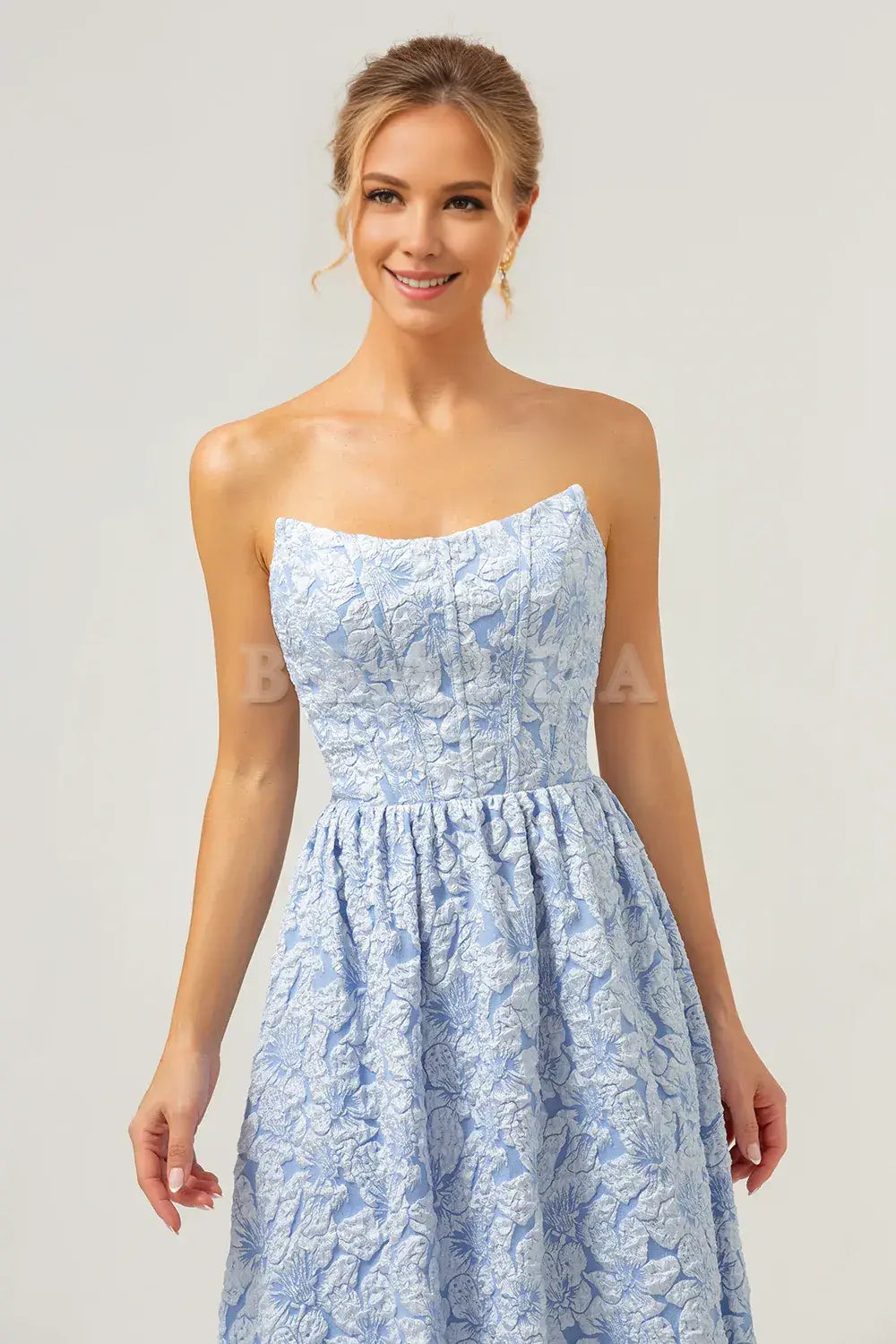 Beaira Blue A-Line Strapless Brocade Floral High Low Bridesmaid Dress Bridesmaid dress shop