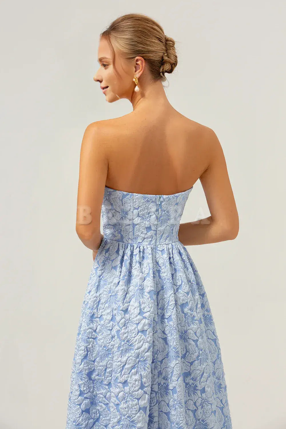 Beaira Blue A-Line Strapless Brocade Floral High Low Bridesmaid Dress Bridesmaid dress shop