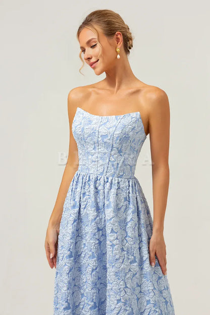 Beaira Blue A-Line Strapless Brocade Floral High Low Bridesmaid Dress Bridesmaid dress shop