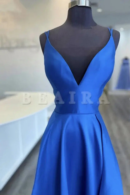 Beaira Blue v neck satin long prom dress blue bridesmaid dress Bridesmaid dress shop ﻿