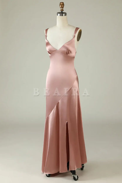 Beaira Blush Asymmetrical Spaghetti Straps Bridesmaid Dress with Slit Bridesmaid dress shop