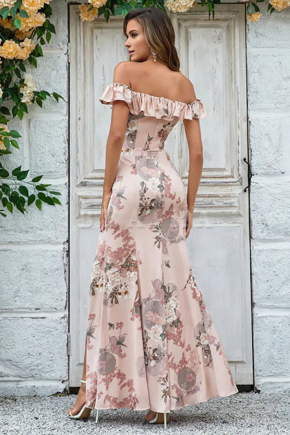 Beaira Blush Flower Printed Mermaid Off The Shoudler Floor-Length Dress with Slit Bridesmaid dress shop