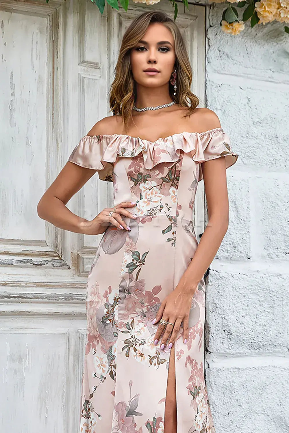 Beaira Blush Flower Printed Mermaid Off The Shoudler Floor-Length Dress with Slit Bridesmaid dress shop