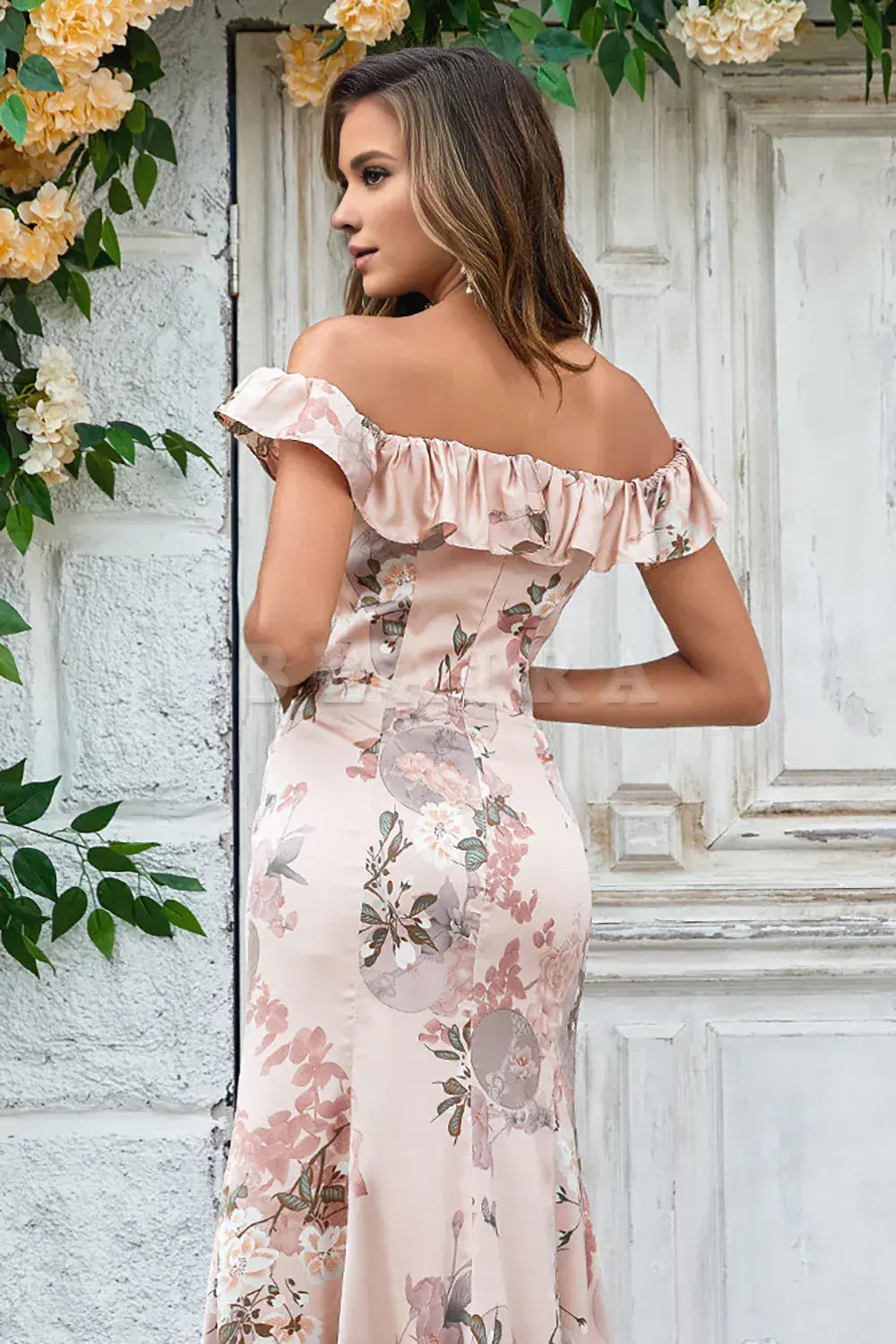 Beaira Blush Flower Printed Mermaid Off The Shoudler Floor-Length Dress with Slit Bridesmaid dress shop