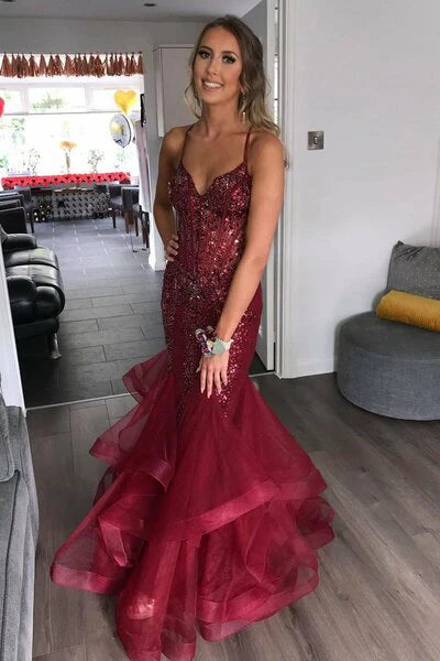 V-neck Beading Mermaid Prom Dresses with Ruffles