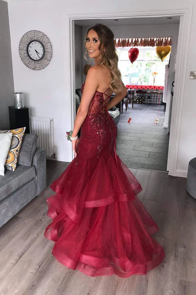 V-neck Beading Mermaid Prom Dresses with Ruffles