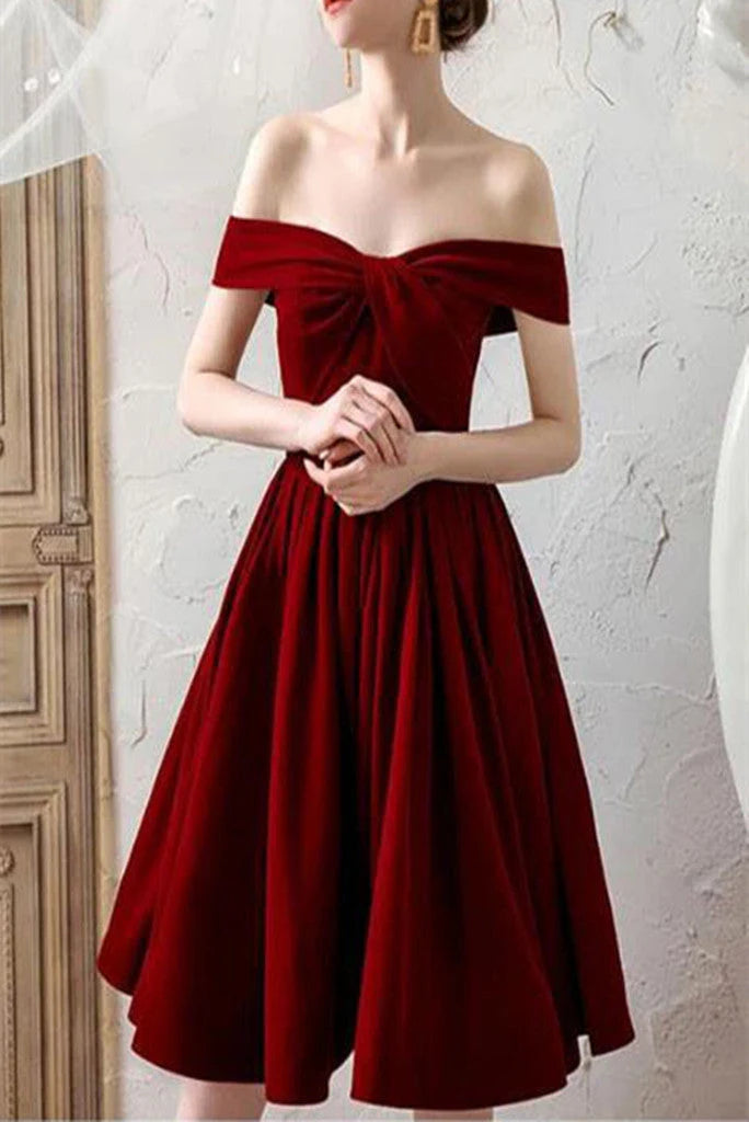 Burgundy Off the Shoulder Pleated Homecoming Dress, Knee Length Prom Dresses