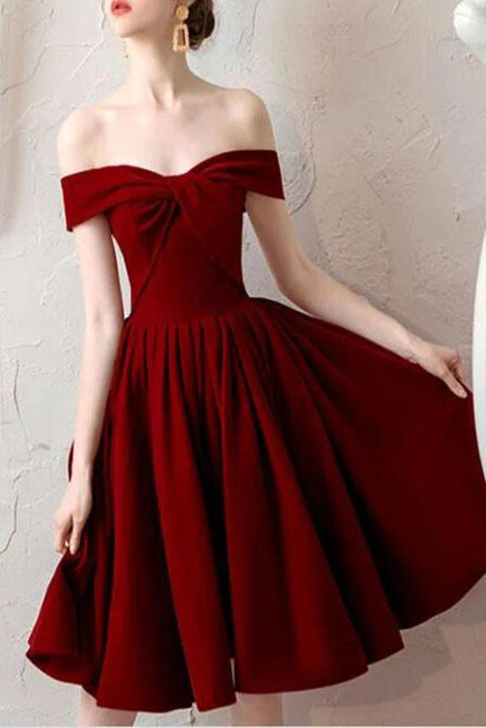 Burgundy Off the Shoulder Pleated Homecoming Dress, Knee Length Prom Dresses