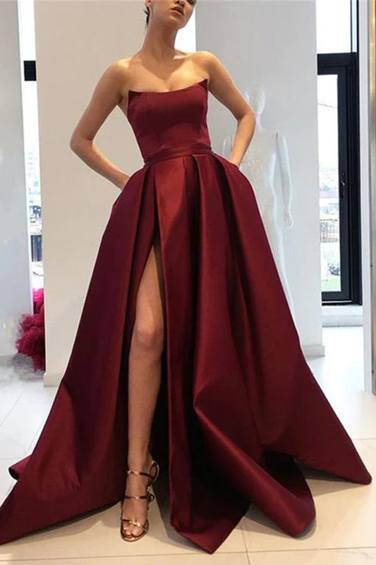 Burgundy Strapless Bodice Corset Long Sleeveless Evening Gowns With Leg Split Prom Dresses