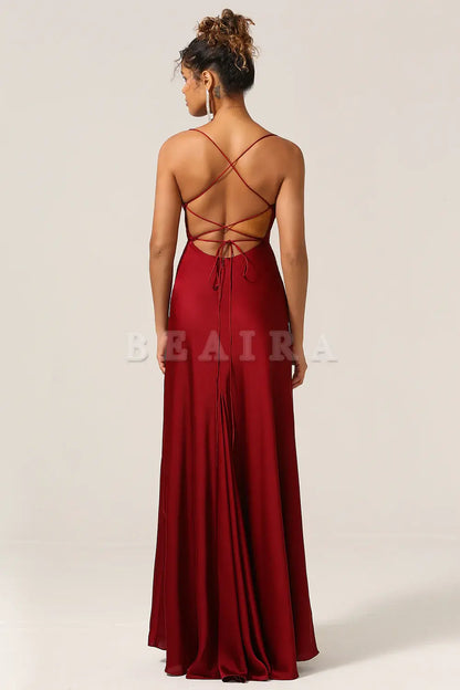 Beaira Burgundy A-Line Spaghetti Straps Floor-Length Satin Bridesmaid Dress Bridesmaid dress shop