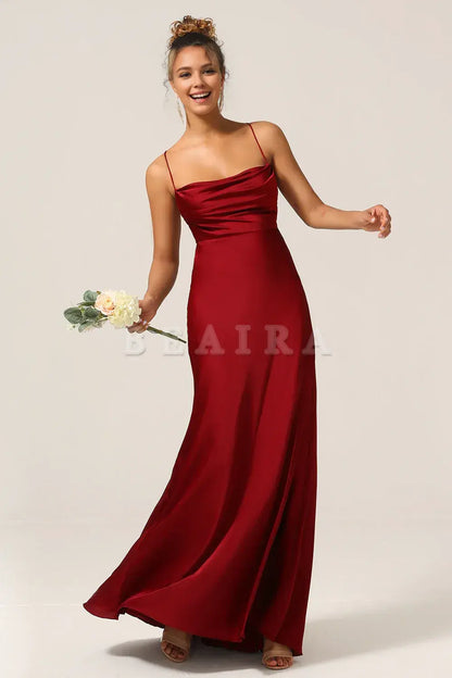 Beaira Burgundy A-Line Spaghetti Straps Floor-Length Satin Bridesmaid Dress Bridesmaid dress shop