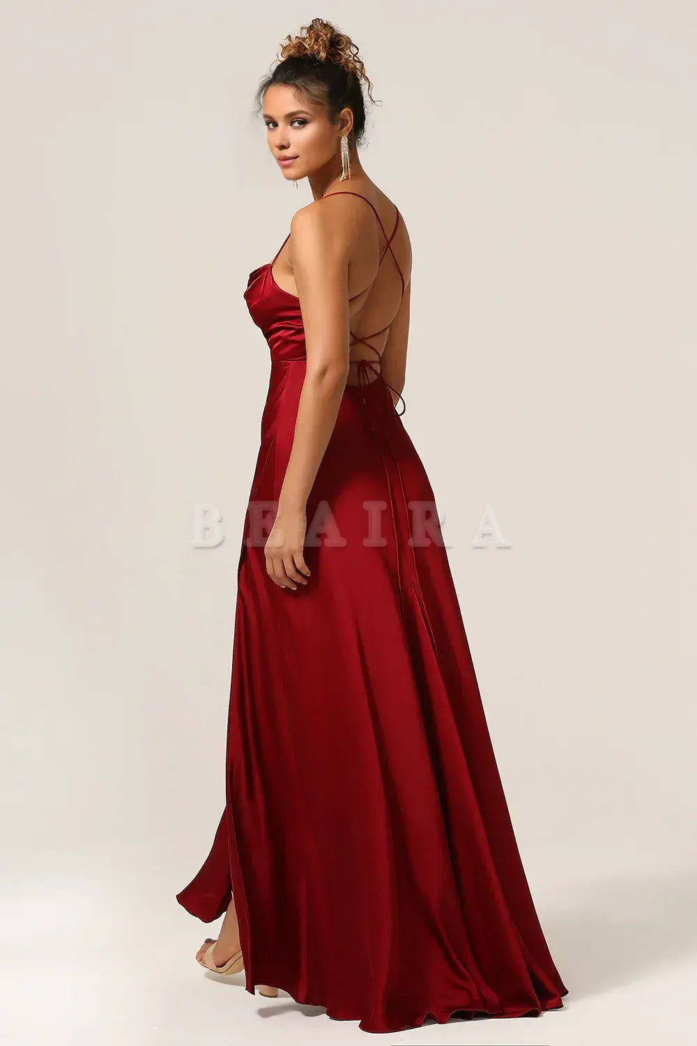 Beaira Burgundy A-Line Spaghetti Straps Floor-Length Satin Bridesmaid Dress Bridesmaid dress shop