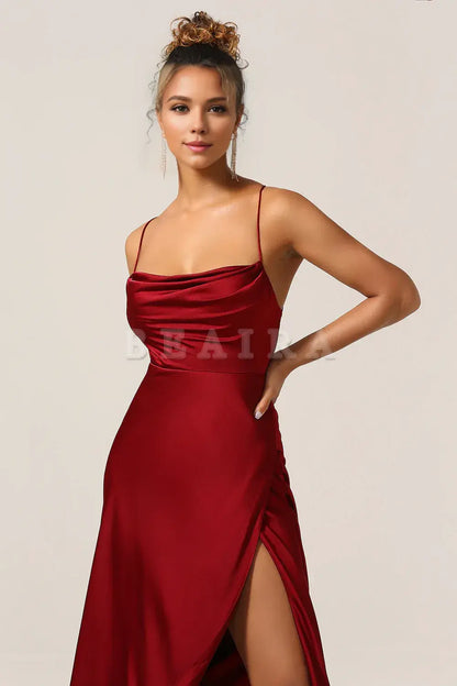 Beaira Burgundy A-Line Spaghetti Straps Floor-Length Satin Bridesmaid Dress Bridesmaid dress shop