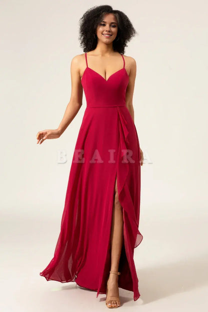 Beaira Burgundy A-Line Spaghetti Straps Long Chiffon Bridesmaid Dress with Slit Ruffles Bridesmaid dress shop